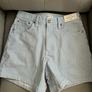 Blue and White Striped Denim Shorts